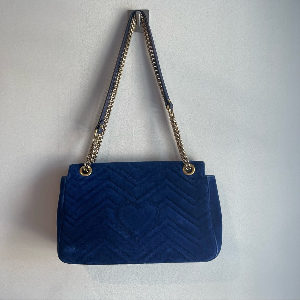 Gucci Blue Quilted Velvet Embroidered MODERN Medium Marmont Bag - Preowned - Picture 2 of 16
